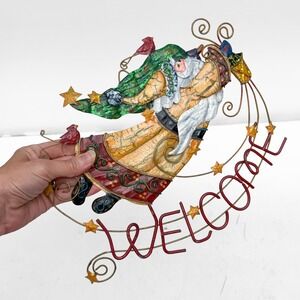 VTG 80s Metal Santa Welcome Sign Wall Hanging Christmas Folk Art Decor